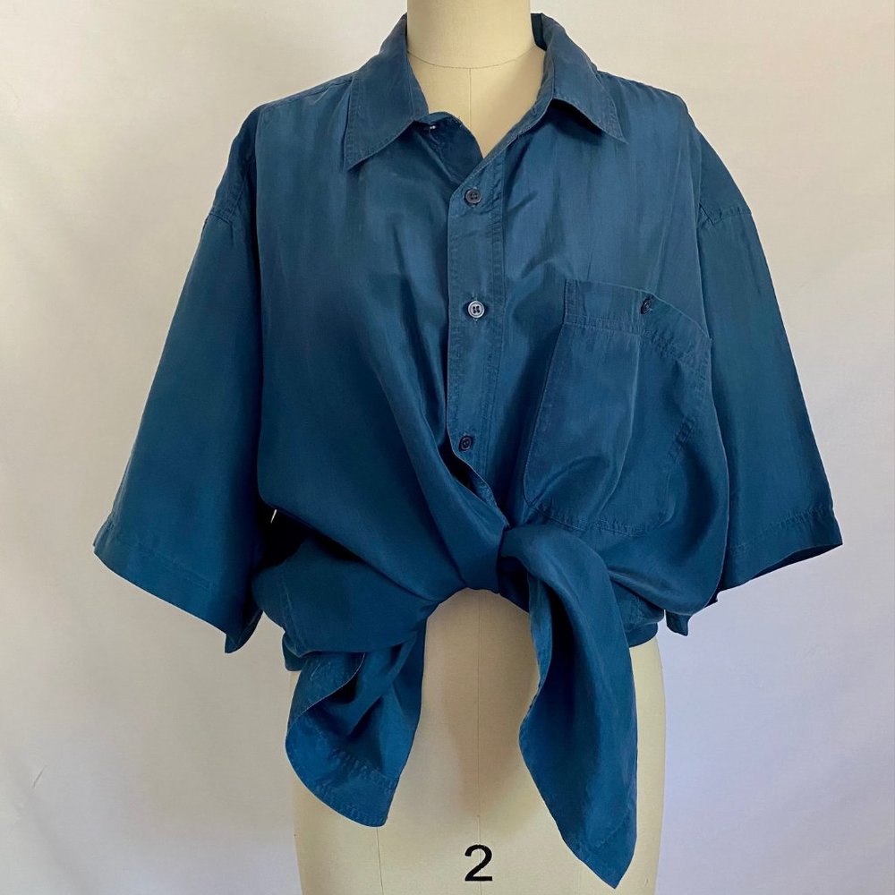 Vtg Basic Editions Teal Silk Button Down Blouse - image 1